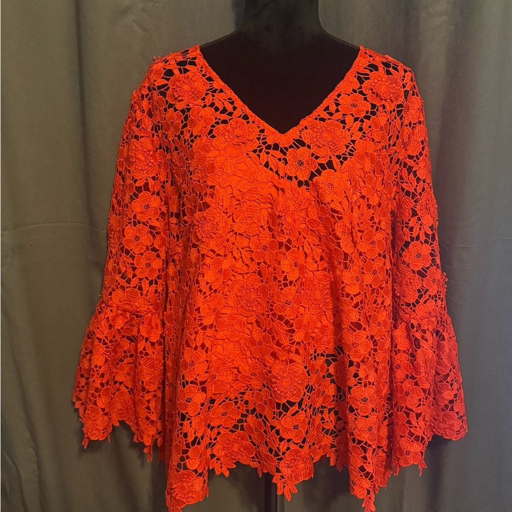 NWT Trina Turk Orange Red Floral Lace V-Neck Bell Sleeve Blouse XXL